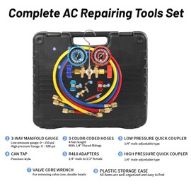 PB Motor Tech 3-Way AC Manifold Gauge Set for R134A, R12, R22 & R502 Refrigerants. with Quick Couplers, 410 Adapter, Can Tap & Valve Core Tool. for AC Maintenance. Includes Plastic Storage Case
