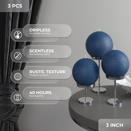 CANDWAX Set of 3 Round Candles Ball 3 inch - Royal Blue Candles Perfect as Wedding Decor and as Sphere Candles for Home Decor - Long Burning Candles Unscented - Navy Blue Candles