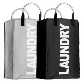 IHOMAGIC 2Set Wäschekorb Faltbar Wäschesack Wäschesammler Reise Wäschetasche Wäschebeutel Kinder Wäschetonne Wäschebox Kinderzimmer Wäschebehälter Aufbewahrungskorb Stoff 33x23x53cm Grau + Schwarz