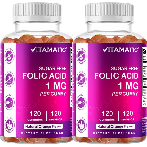 2 Pack Vitamatic Folic Acid Gummies 1000 mcg (1 mg) - an Essential Prenatal Vitamins for Mom & Baby - Vitamin B9 - 120 Vegan Gummies