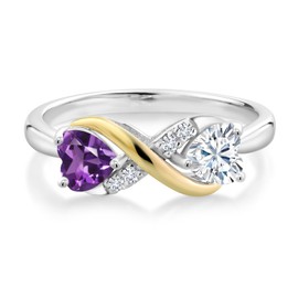 925 Silver and 10K Yellow Gold Purple Amethyst and Moissanite From Charles & Colvard Women Ring (0.96 Cttw, Heart Shape 5MM, Gemstone Birthstone, Available In Size 5, 6, 7, 8, 9)