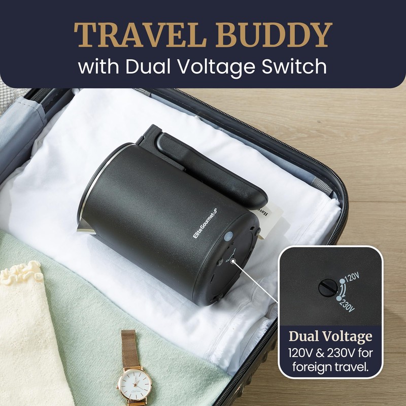 Elite Gourmet Dual Voltage 120-230V, Travel Double Wall Insulated Cool-Touch,