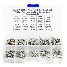 Guard4U 300Pcs Metric M2.5 Stainless Steel Phillips Pan Head Machine Screws Nuts Assortment Kit- M2.5X 4mm/ 6mm/ 8mm/ 10mm/ 12mm/ 14mm/ 16mm/ 18mm/ 20mm