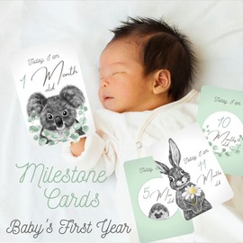 In English - 12 Milestone Cards - Baby's First Year - Blue Green Animal Theme