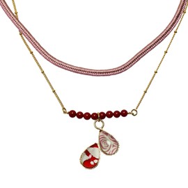 Tamarusan Braided Choker, Gift, Stylish, Luxury, Pink, Red, 2 Layers, Coral, Drops, Resin, Silk