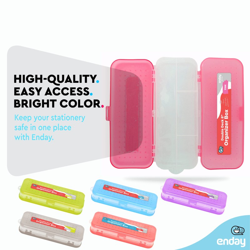 Enday Pencil Box Pink, Plastic Double Deck Pencil Case with