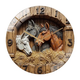 12-Inch Silent Glass Wall Clock, Rustic Horse Hay Bale Wall Clock 2D Horse Head Design ” Silent Non-Ticking Clock, Battery Operated (AA Batteries Not Included), Artistic Home Decor