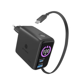 ICY BOX Heart Charge 100 W USB-C GaN Caricatore rapido con display, 2 × USB-C + USB-A Multiport Fast Charger, cavo USB-C retrattile integrato da 70 cm, alimentatore Power Delivery, IB-PS1002