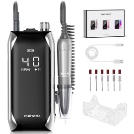 PURTATO Professional Nail Drill 40,000 RPM, Rechargeable,LCD Display E File Machine for Acrylic Nails Gel Polishing Removing Portable Nails Efile Tools for Manicure Salon & Home (Silver)