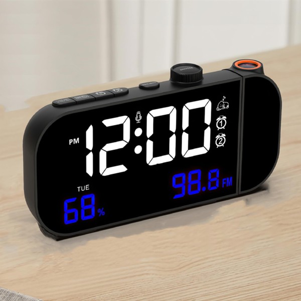 ALLOMN Projection Alarm Clock, Bedside Alarm Clock with FM Radio, Digital LED Alarm Clock with Projector, Alarm Clock Projector with Snooze Function for Bedroom, Large LED Display