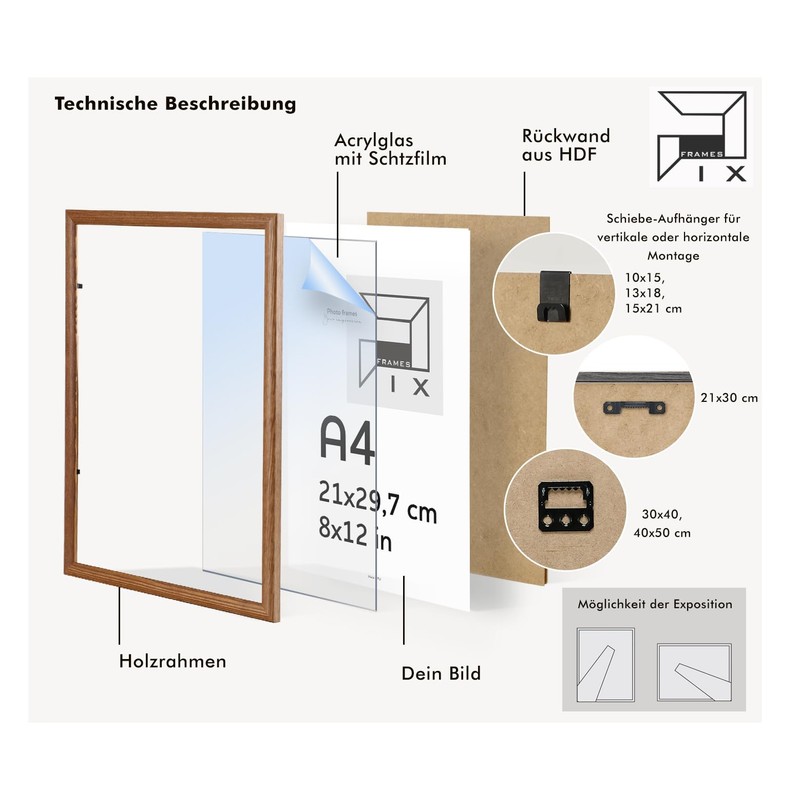 Pix FRAMES A4 Wooden Photo Frame, Frame with Acrylic Glass