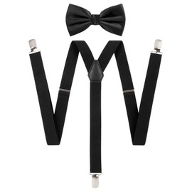 TIE G Solid Color Men's Suspender + Woven Bow Tie Set for Wedding : Vivid Color, Adjustable Brace, Strong Enhanced Clip, Elastic Band (Black)