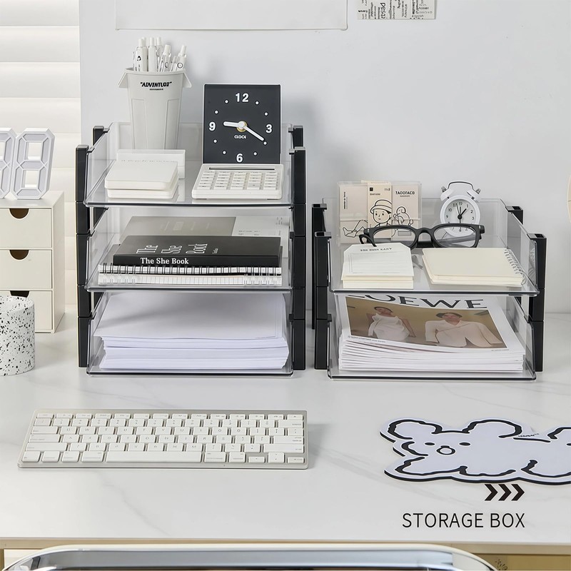 RHONZHAO Clear Stackable Paper Tray, 2-Tier Desk Organizer for Office