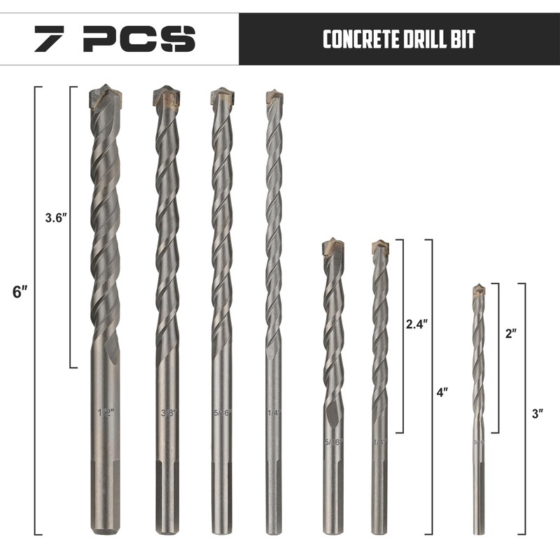 COMOWARE Concrete Drill Bit Set 7pcs, 3/16"-1/2", Masonry Drill Bit