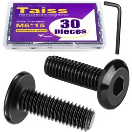 Taiss 30pcs M6 x 15mm Flat Head Hex Socket Cap Screws Bolts with Hex Spanner,304 Stainless Steel 18-8 m6 Bolt Full Thread Black Zinc Plated m6 Machine Screw