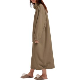 ReachMe Womens Oversized Long Fleece Sweatshirt Dresses Thickening Lounge Maxi Dress Plush Turtleneck Pullover Nightgowns(0 Camel,M)