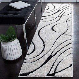 Safavieh Florida Shag Collection SG471 Abstract Wave 1.2-inch Thick Runner, 2'3" x 11' , Ivory / Black