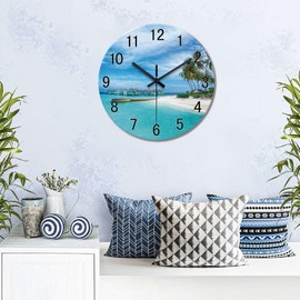 XFM Blue Beach Wall Clock 16 Inch Silent Wall Clocks Battery Operated Coastal Nautical Clock Decorative for Living Room Bedroom Bathroom