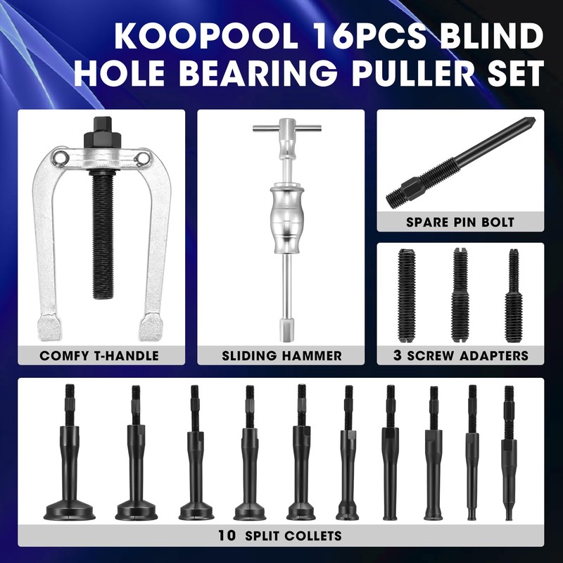 KOOPOOL 16-Piece Blind Hole Collet Bearing Race & Seal Puller