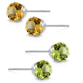 Gem Stone King 925 Sterling Silver Green Peridot and Yellow Citrine Stud Earrings For Women Gemstone Birthstone Set of 2 (Each 4MM)
