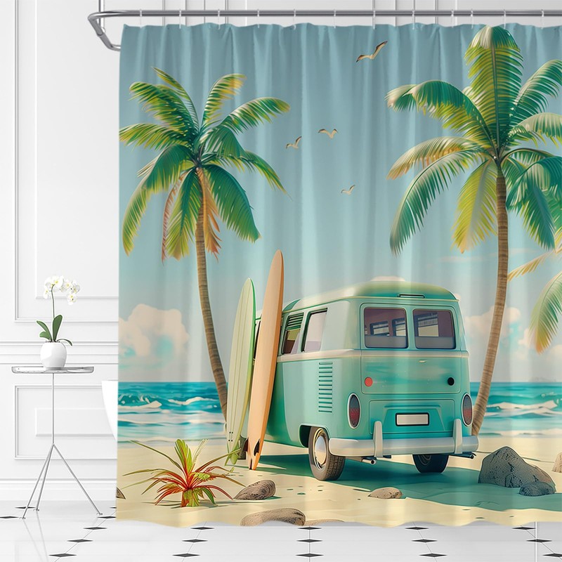 HYKHYK Tour Bus Shower Curtain Palm Tree Tropical Ocean Beach