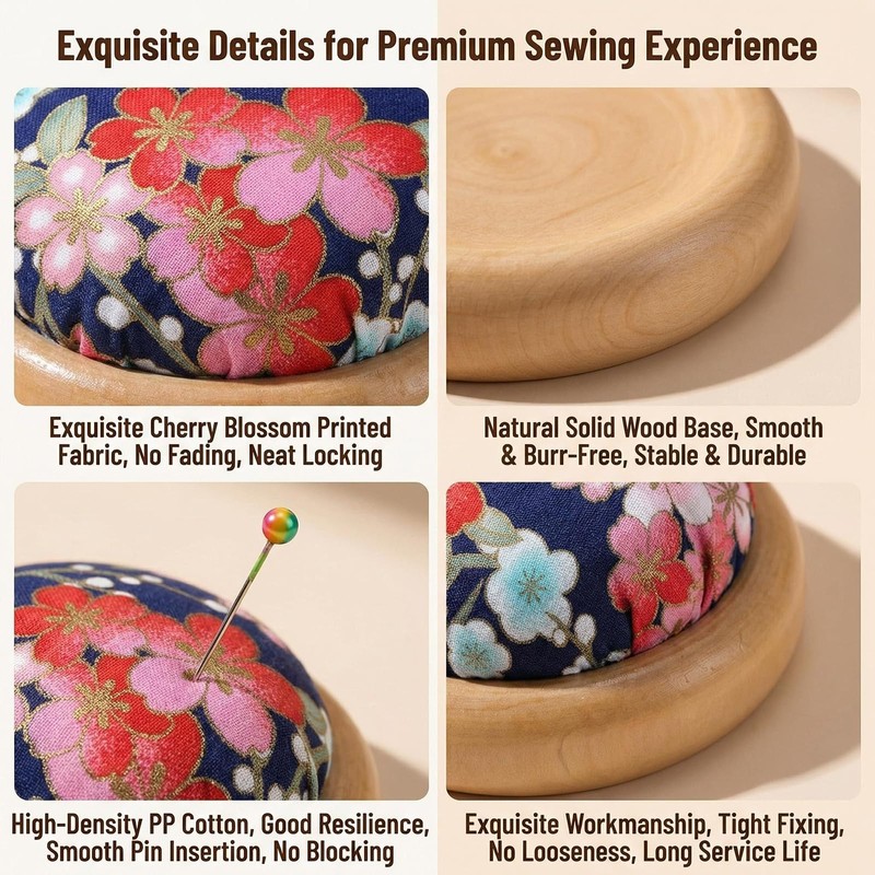 1Pcs Japanese Style Cherry Blossom Pin Cushion, Round Wooden Base