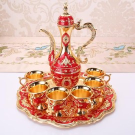 Vintage Turkish Coffee Pot Cups Set with Tray and 6 Cups Retro Coffee Pot Cups Set Exquisite Wine Pot Set Decorative Vintage Tea Service Set for Home Party Decor (Red)