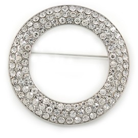 Clear Austrian Crystal Open Cut Circle Brooch In Rhodium Plating - 50mm