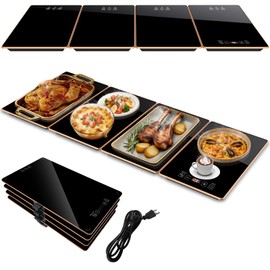 Electric Warming Tray（36.6x15x1inch） Glass Surface, 4-in-1 Food Warmers for Parties Buffet with 8 Temp Settings and 24H Timer, Full Surface Heating, Modular Warming Trays for Buffets Party, Gold Edge