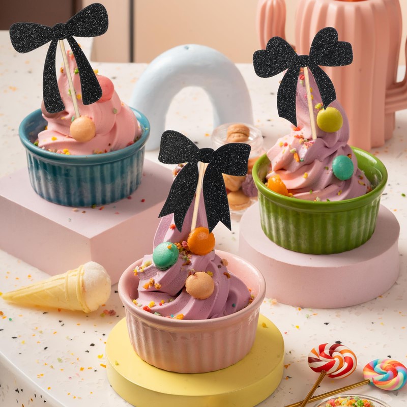 24 Pcs Bow Cupcake Toppers Black Mini Bowknot Cupcake Picks