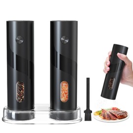JIDSPWLS Salt and Pepper Grinder Mill Set,Automatic Pepper Mill with LED Light,Battery Powered Automatic Pepper Grinder,Refillable and djustable CoarsAeness Pepper Grinder(2 Pack Black/Black)
