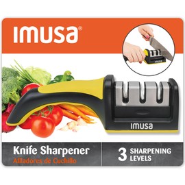 IMUSA Knife Sharpener – Kitchen Knife Sharpener with 3-Stage Stainless Steel Blade Sharpener Design – Easy to Use, Ergonomic Manual Knife Sharpening Kit with Non-Slip Base (Yellow)