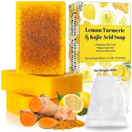 Kojic Acid Soap - Turmeric & Lemon, For Fine Lines, Deep Cleansing & Brightening - Smooth Skin & Dark Spot Corrector - For Men & Women - Handmade Natural - 100g