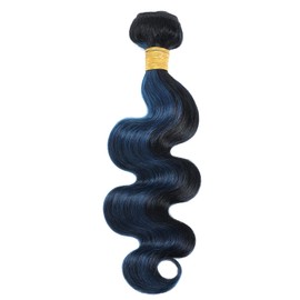 ALHER Black Mix Blue Highlight Bundle Human Hair Body Wave, 10A Soft Thick Single Bundle Wavy Human Hair, 100% Remy Hair Midnight Blue Highlight Two Tone Subtle Colored Weft Wavy (#1B/Blue, 14 Inch)