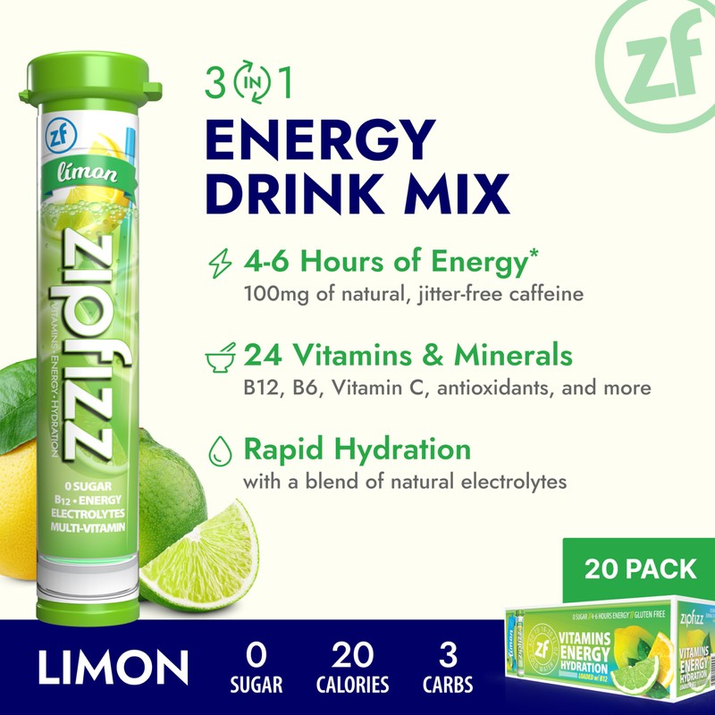 Zipfizz Daily Energy Drink Powder, Limon, 20 Pack | 3-in-1