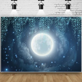 Renaiss 8x6 ft Moon and Star Backdrop Vinyl Starry Sky Twinkle Twinkle Little Star Photography Background Full Moon Night Photo Backdrop Birthday Baby Shower Events Party Decorations
