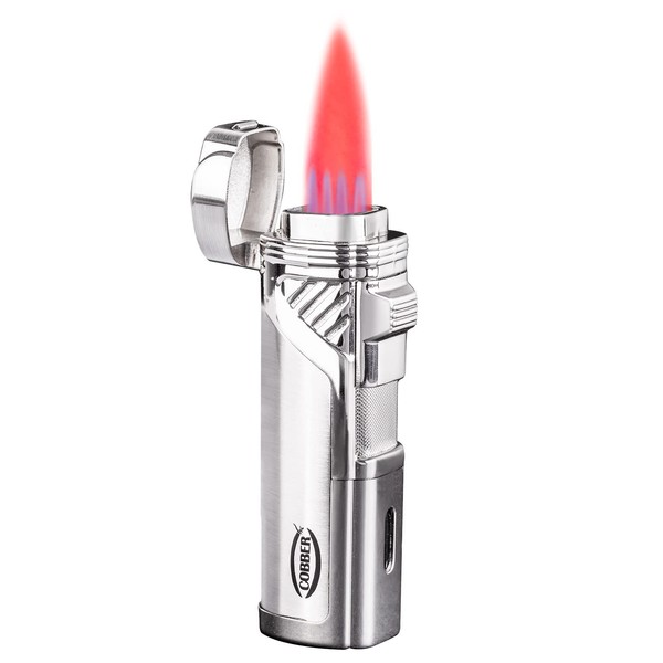 Cobber Torch Lighter,Quad 4 Jet Red Flame Refillble Butane Lighter Adjustable Flame Ligther for Men Gift Ideas(Silver)