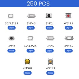 VooGenzek Pack of 250 Tactile Push Button Switch Micro Switch Tactile Button Assortment Kit, 10 Value Health Gear Micro Button Switches for Car Remote Control Button, with Plastic Box