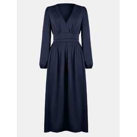 CUPSHE Fall Dresses for Women V Neck Long Sleeve Tunic Waist Slit A Line Midi Casual Dress Navy Blue, XL