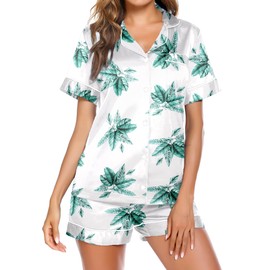 Ekouaer Silk Pajamas for Women Set 2 Piece Satin Loungewear Short Sleeve Sleepwear Soft Pjs Shorts Set Leaves,XX-Large