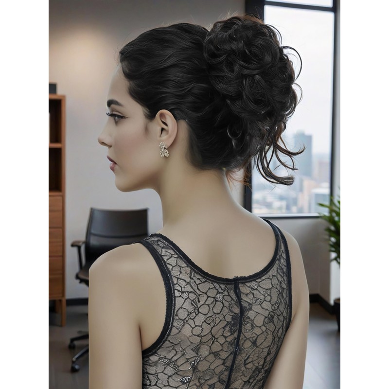Black Messy Bun Hair Clips with Hair Attached Curly Ponytail