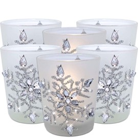 Snowflake Candleholders - Set of 6 - Wintery Frosted Glass Glittery Snowflakes with Jewels - Christmas Decoration - Sets a 'Holiday 'Mood' - Each is 2.75" H