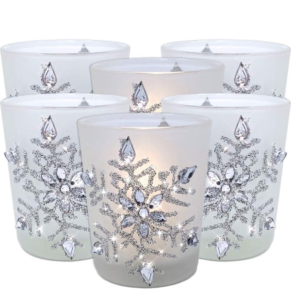 Snowflake Candleholders - Set of 6 - Wintery Frosted Glass
