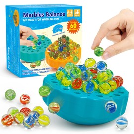 Wobble Marble Game - Balance Stacking Game for Kids 6-12 & Families - Fun Birthday Party Games with 60 Glass Marbles, Dice & Challenge Cards - Indoor Tabletop Toy for 1-4 Players
