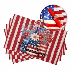 American Flag Floral Vase 4th of July Placemats Set of 6 13x19 Inch Vintage Red White Striped Table Mats Patriotic Memorial Day Independence Day Holiday Kitchen Dining Home Outdoor Party Table Decor