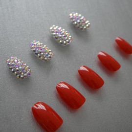 Red 3D Crystal Design Press On Nails - Long Square Coffin Fake Nails with Rhinestones and Nail Glue, Reusable Nail Tips - Glue On Nails 24 Nail Kit, Daring Diva