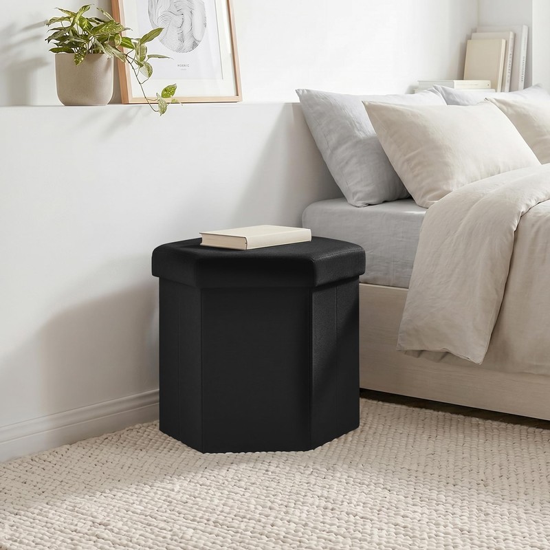 PINPLUS Linen Hexagon Storage Ottoman, Foldable Fabric Footstool with Lid,