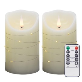 HVTDECOR Flickering Flameless LED Candles with Embedded Starry String Light, Real Wax, Battery Option (not Included) (Ivory, Set of 2 (5 Inch))