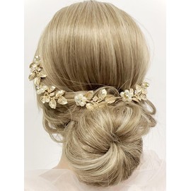 Teyglen Bride Wedding Leaf Hair Vine Gold Silver Crystal Leaf Hair Piece Leaf Flower Headpiece Wedding Hair Accessories Bridal Pearl Headband for Women Bride Girls (Gold)