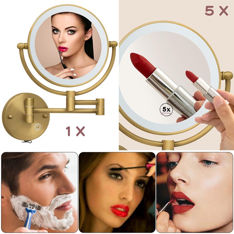 RECKODOR Brass Wall Mounted Makeup Mirror with Lights and Magnification,